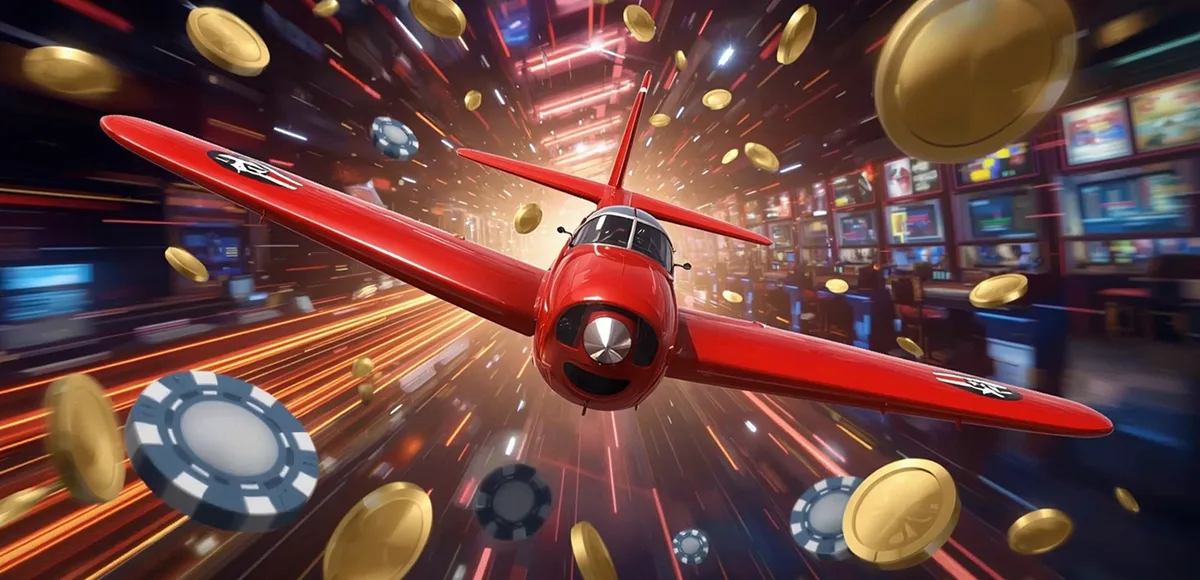 Dynamic Aviator airplane flying through casino with glowing chips and coins