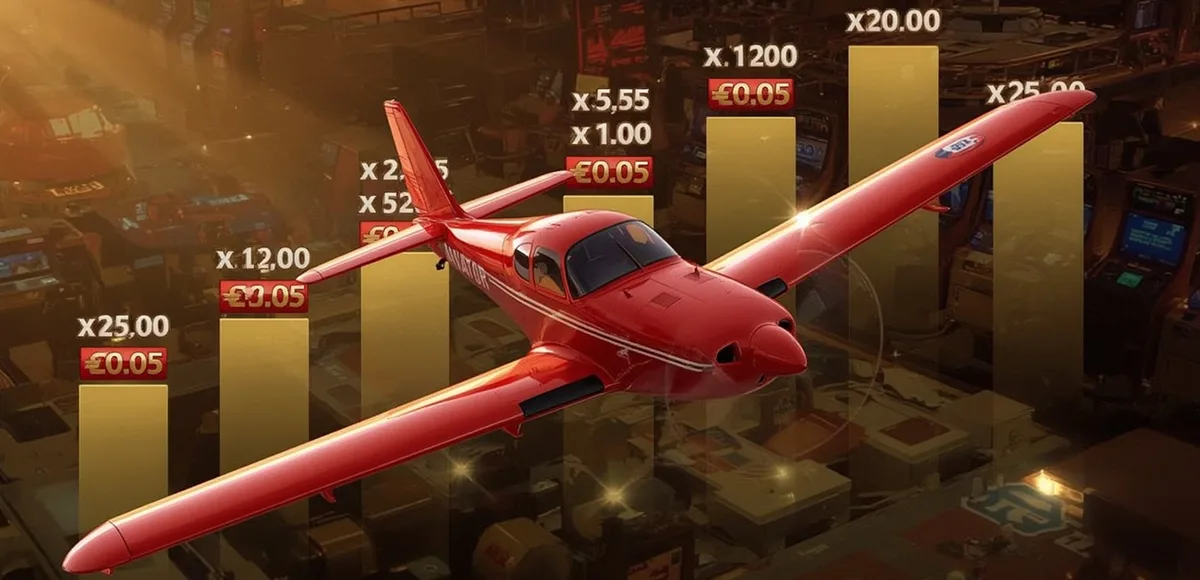 A red plane flying fast against a backdrop of multipliers and increasing rates