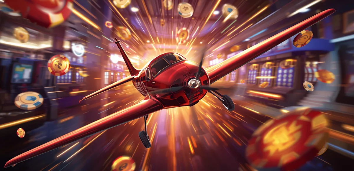 Futuristic red Aviator airplane flying through golden casino rewards