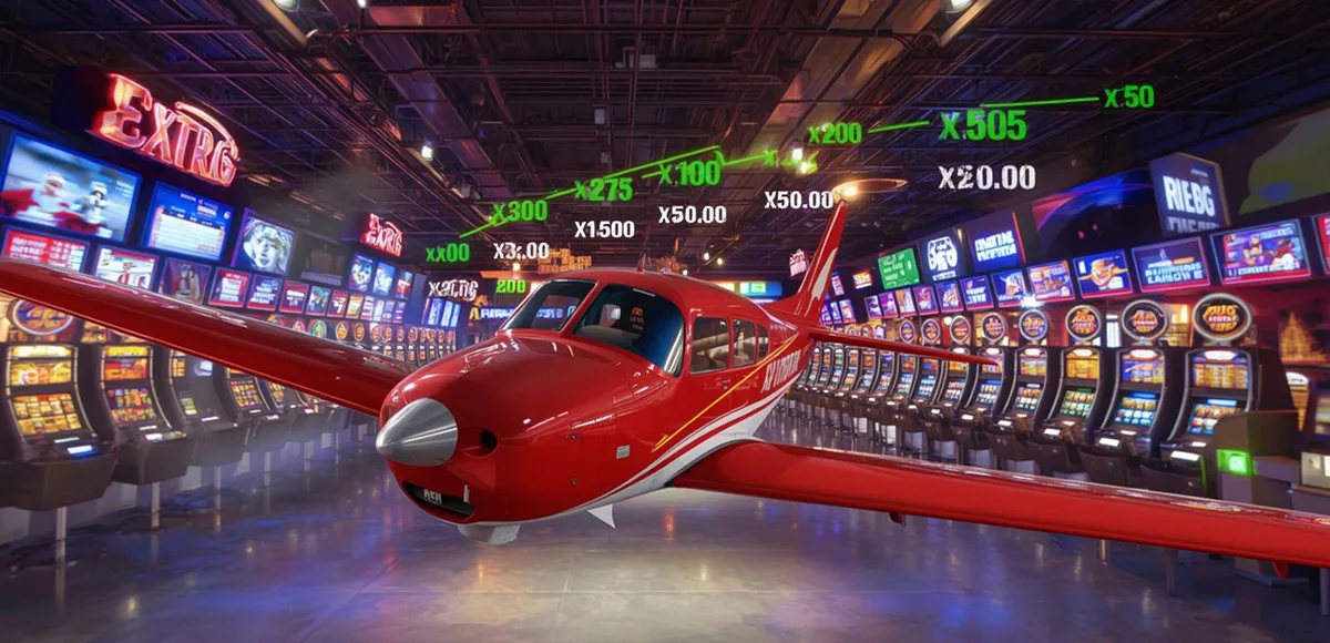 Red Aviator airplane taking off in digital casino environment