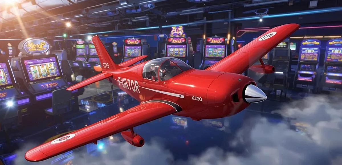 Shiny red Aviator aircraft flying between glowing casino machines