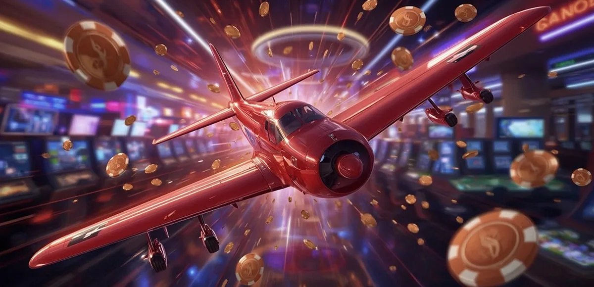 Aviator red airplane surrounded by flying coins and casino lights